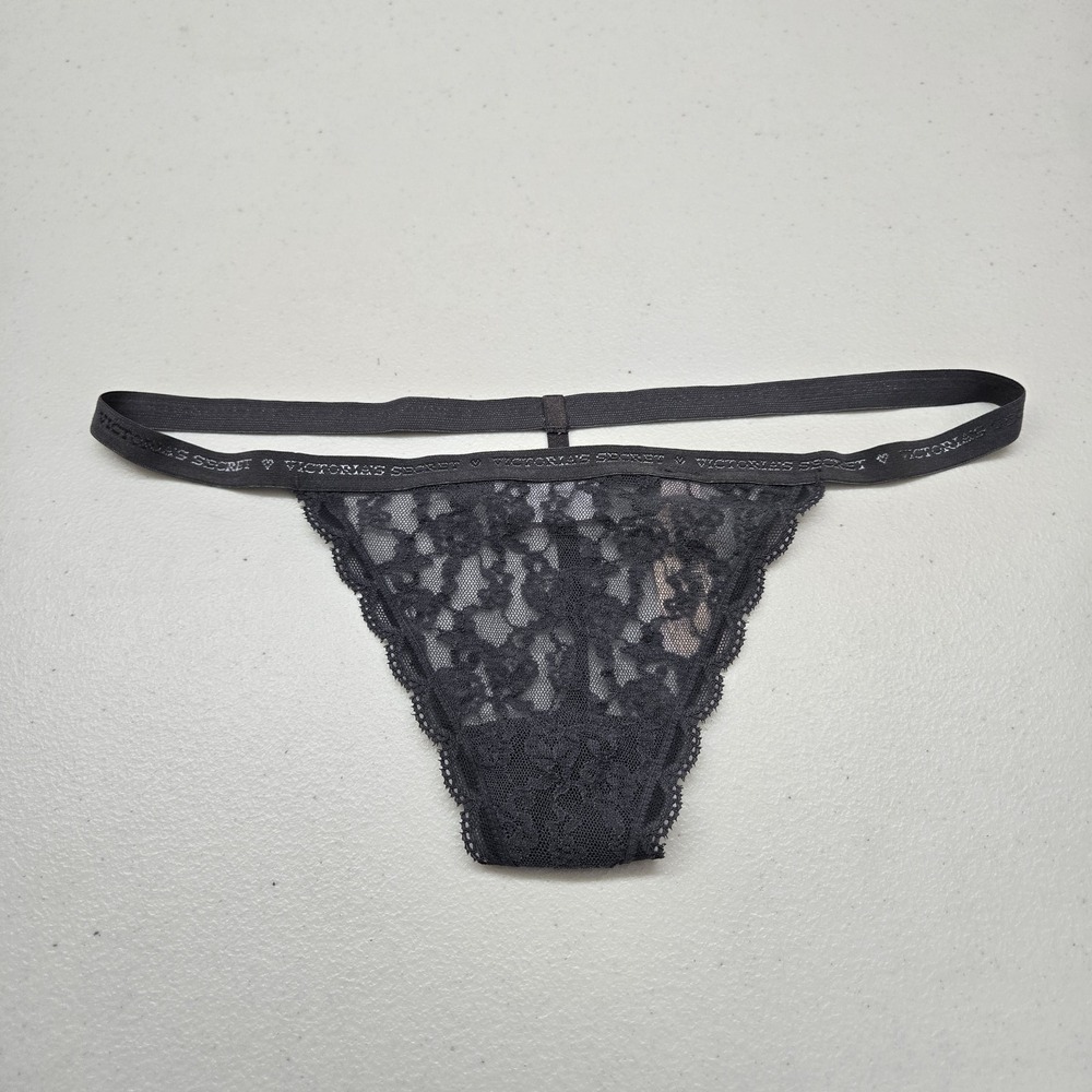 Victoria's Secret Women Panty S/P Gray‎ Floral V String Lace Logo NWT